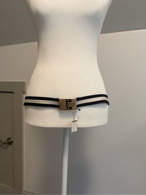 Gucci Black Ivory Canvas Web Belt Gold Tone Square Buckle Size 90 36 Vintage